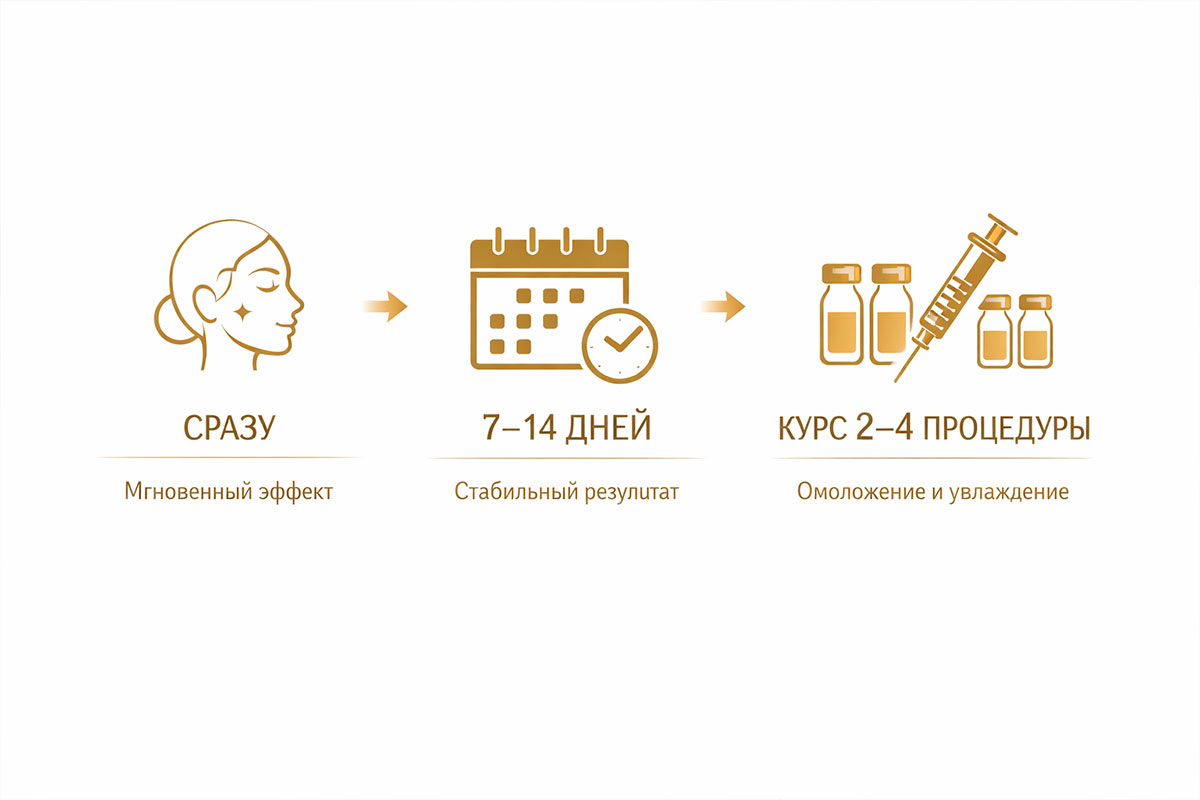 Сроки проявления результата и типичная схема курса биоревитализации