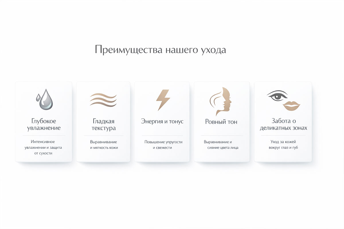 Карточки преимуществ биоревитализации: увлажнение, текстура, тону