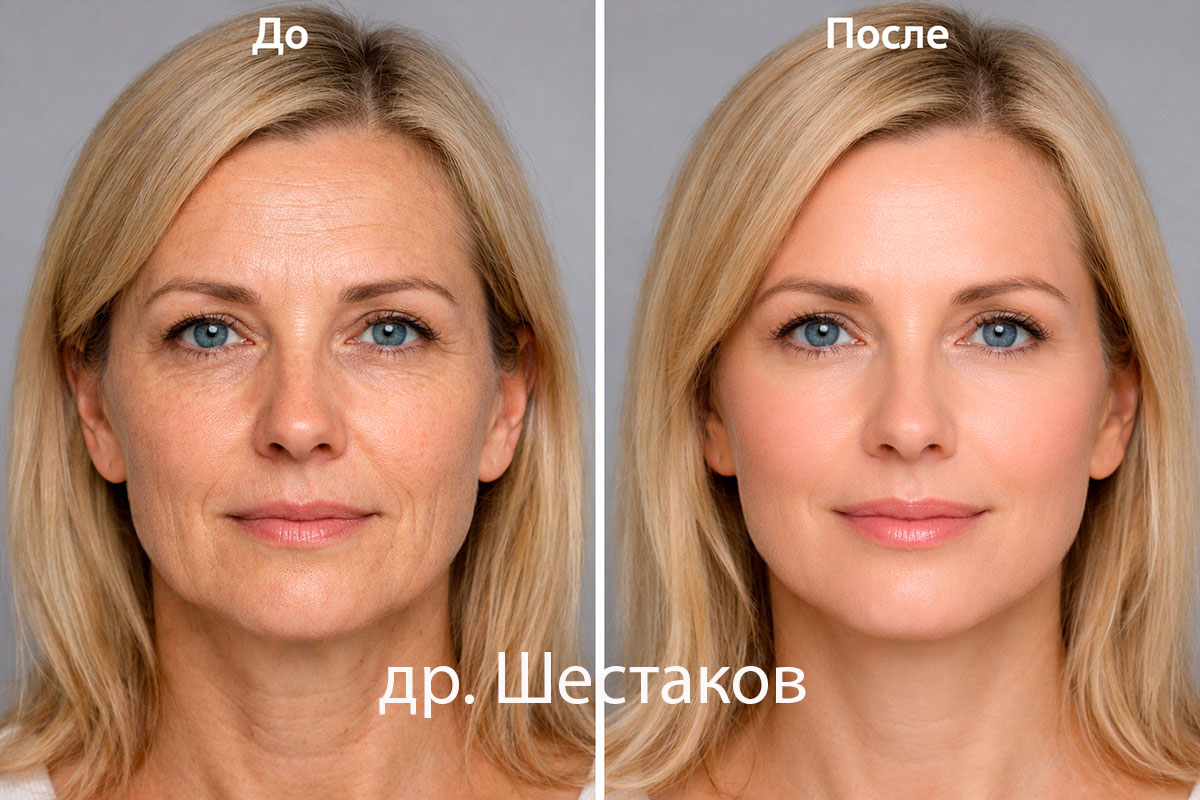 Фото до и после: состояние кожи лица, фронтальный ракурс
