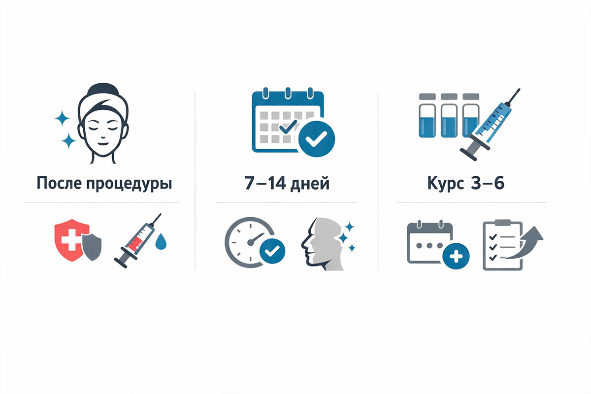 Сроки проявления эффекта и типичная схема курса мезотерапии лица