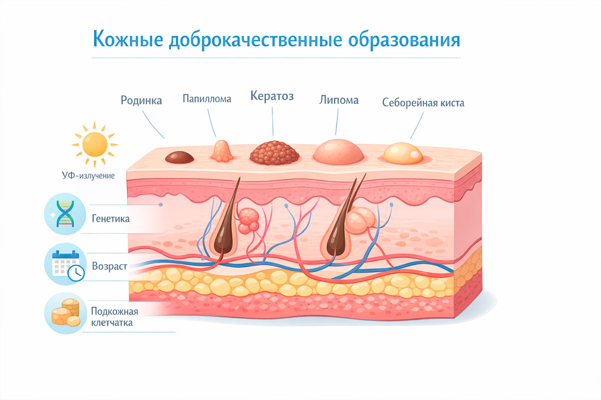 Схема кожи с примерами доброкачественных кожных образований в нейтральном стиле