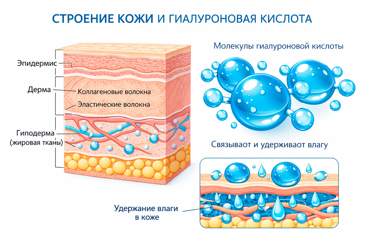 Схема действия гиалуроновой кислоты в коже и удержание влаги
