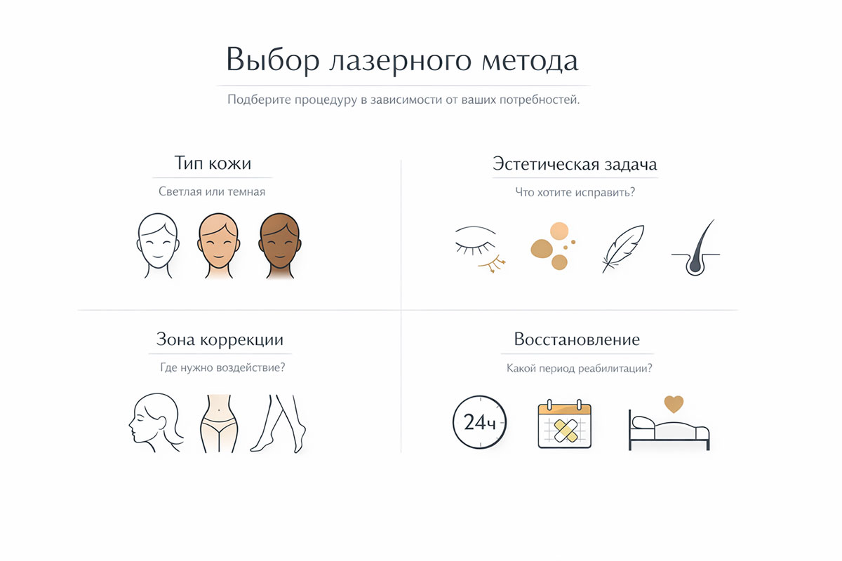 Инфографика выбора лазерного метода по типу кожи, задаче и зоне коррекции