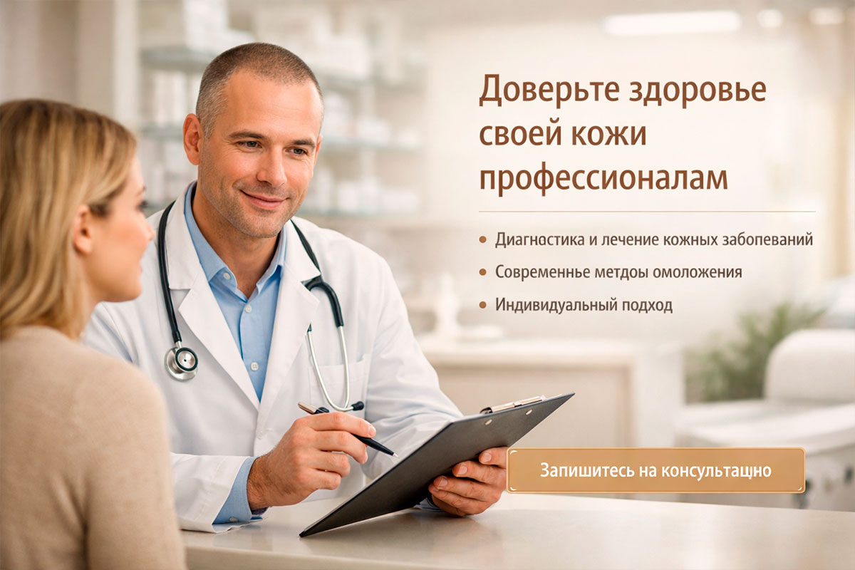 Врач-дерматолог мужчина с очень короткой причёской консультирует женщину в светлом баннере записи на лазерную косметологию