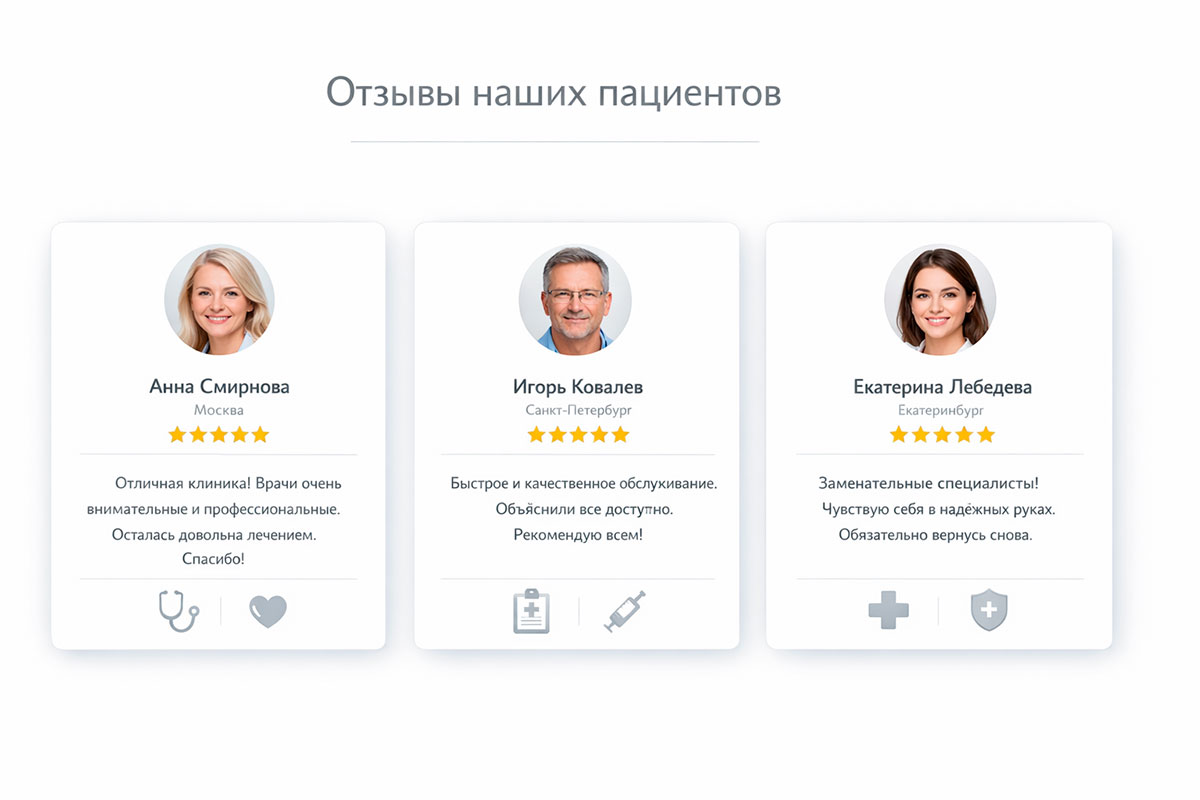 Премиальные карточки отзывов пациентов о процедуре удаления сосудистых звездочек