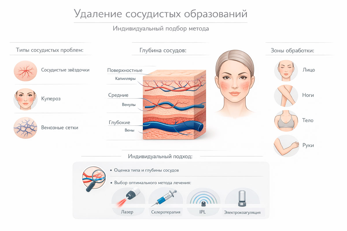 Инфографика о сосудистых звездочках, куперозе и выборе тактики лечения
