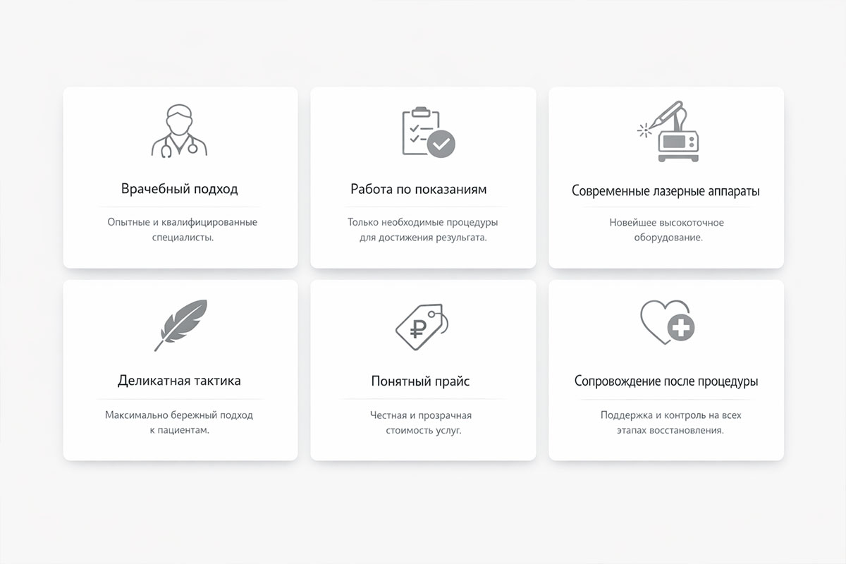Премиальный блок преимуществ клиники с медицинскими иконками