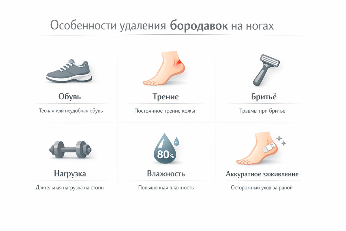 Инфографика особенностей удаления бородавок на ногах: обувь, трение, бритьё, нагрузка и заживление