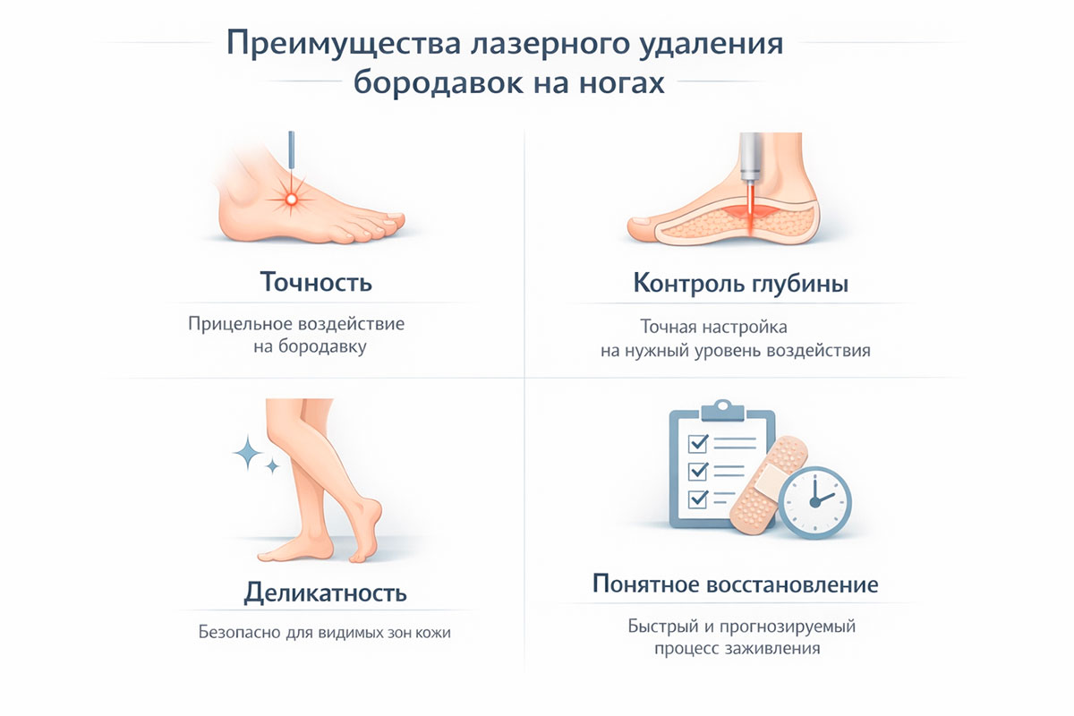 Инфографика преимуществ лазерного удаления бородавок на ногах