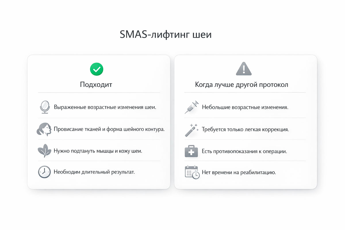 Блок критериев: кому подходит SMAS-лифтинг шеи и когда лучше выбрать альтернативный протокол