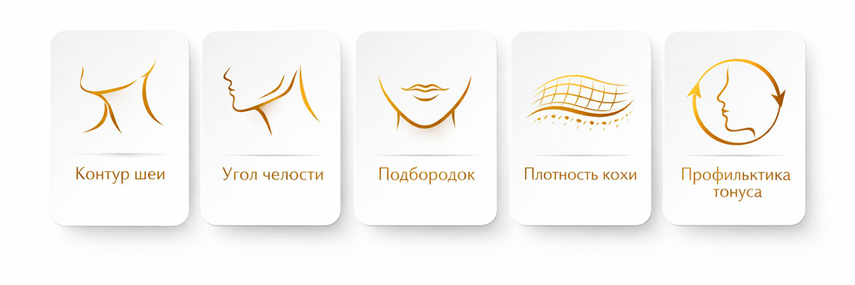 Карточки задач SMAS-лифтинга шеи: контур, угол челюсти, подподбородочная зона и плотность кожи