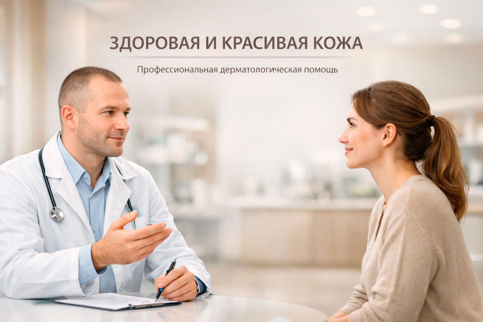 Врач-дерматолог мужчина с очень короткой причёской консультирует женщину в светлом баннере записи на коррекцию морщин