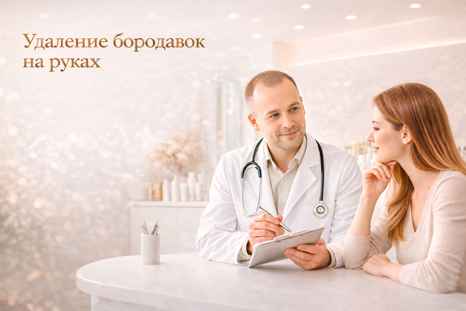 Врач-дерматолог мужчина с очень короткой причёской консультирует женщину в светлом баннере записи на удаление бородавок на руках