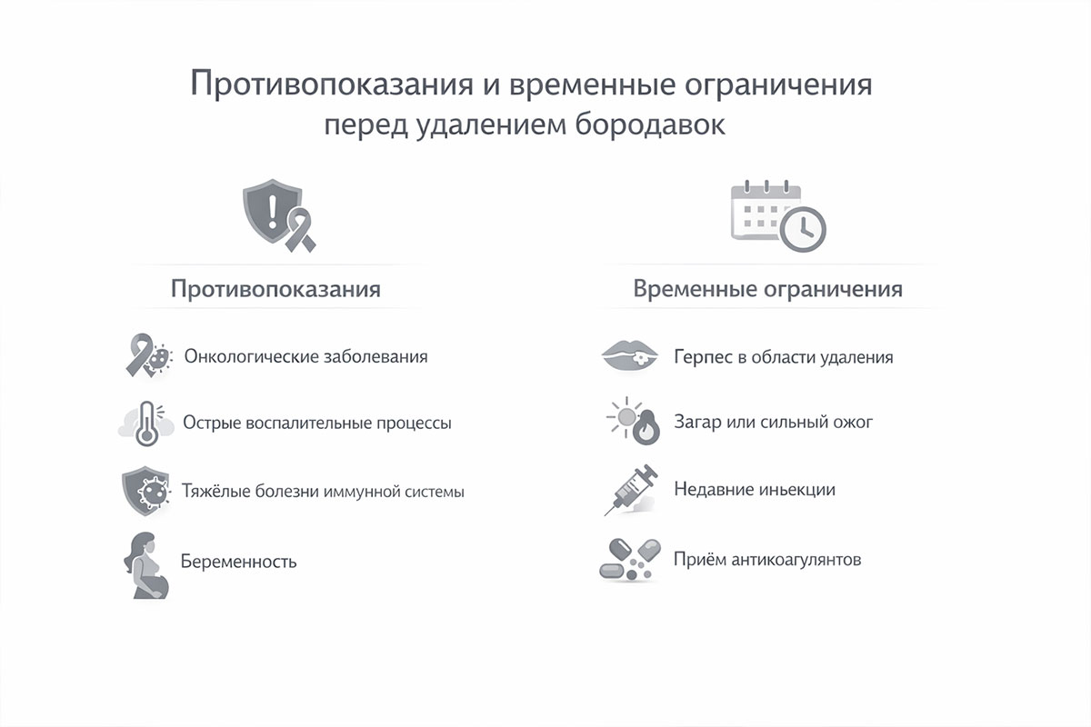 Инфографика противопоказаний и временных ограничений перед удалением бородавок