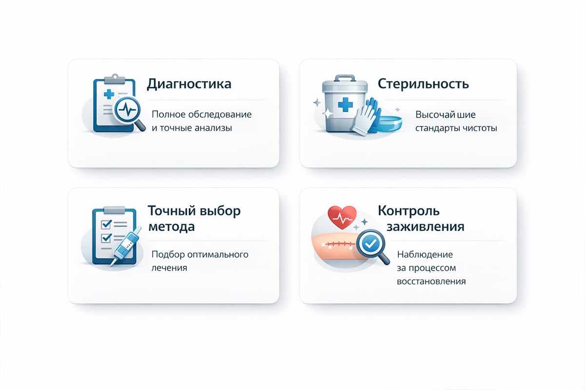 Инфографика безопасности удаления бородавок: диагностика, стерильность, контроль и деликатный подход