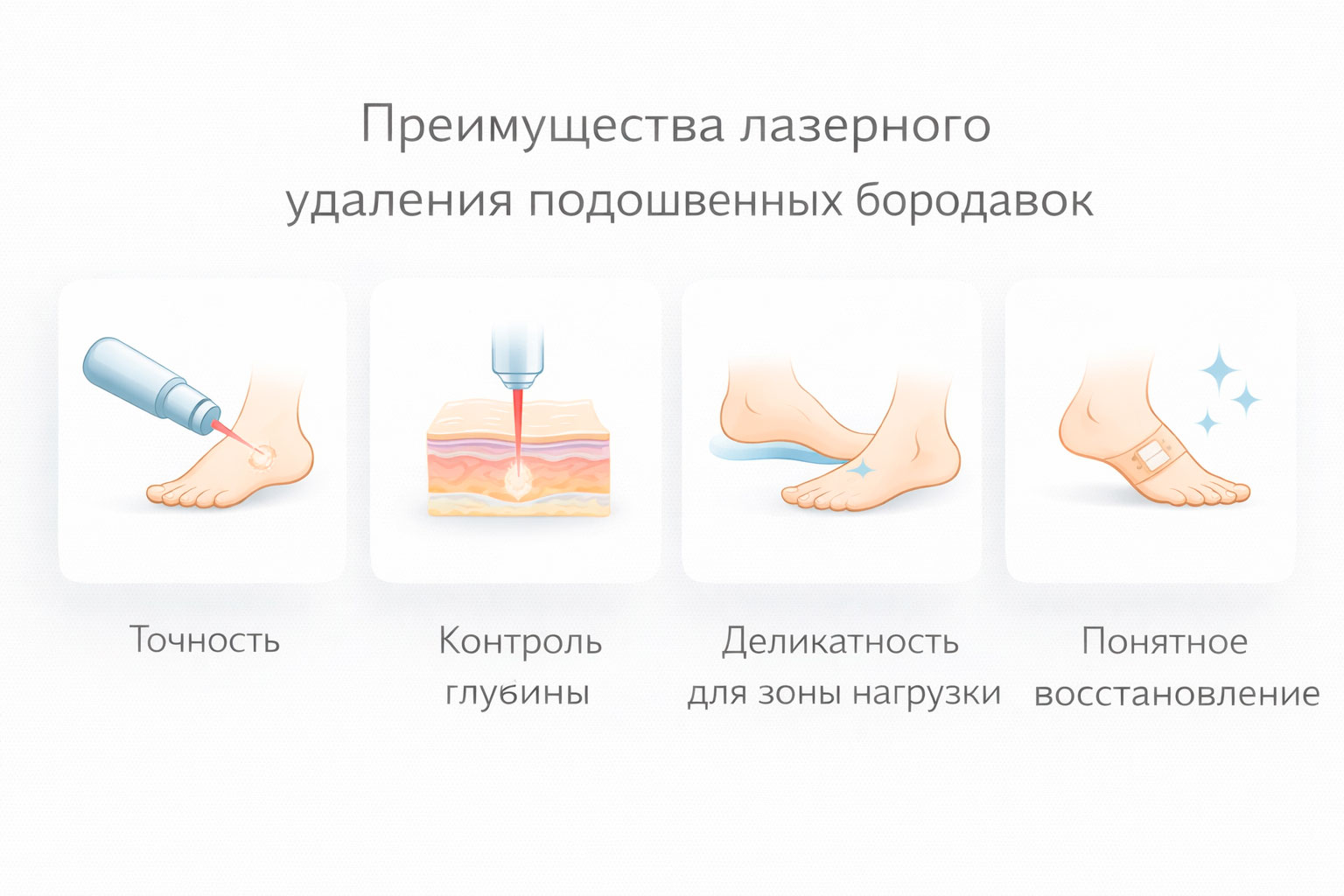 Инфографика преимуществ лазерного удаления подошвенных бородавок на стопе