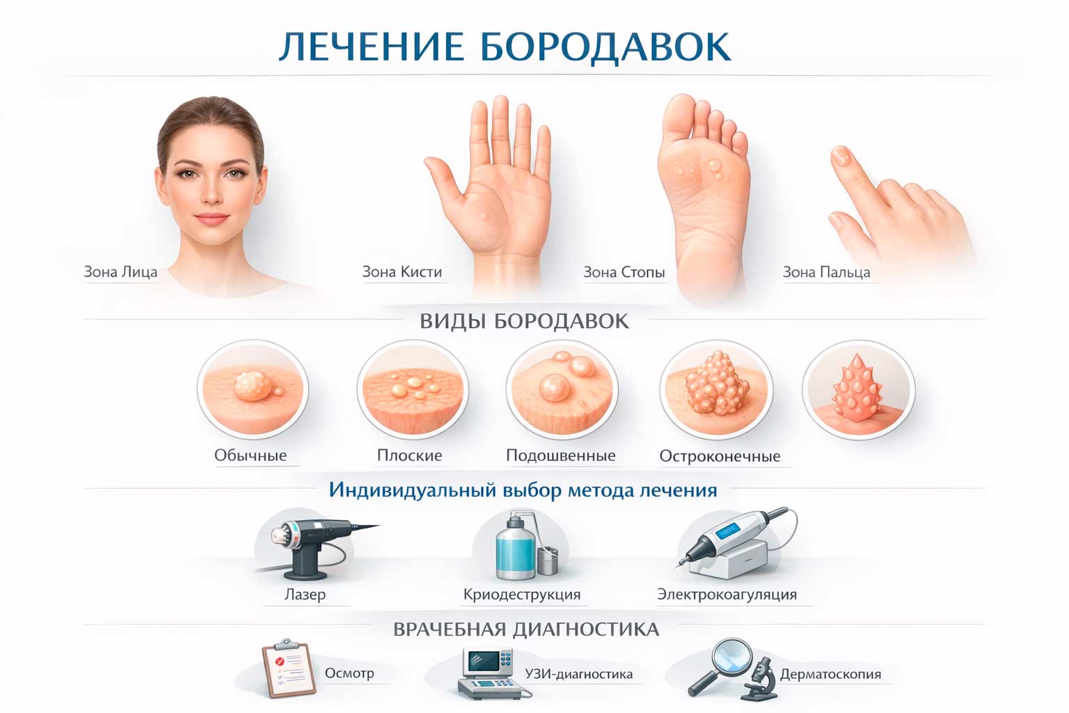 Инфографика о видах бородавок и выборе метода удаления