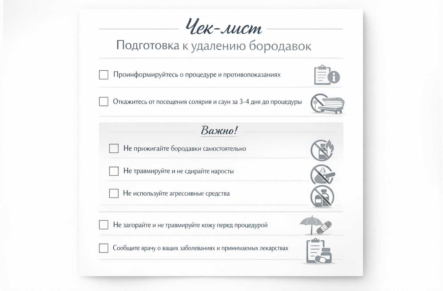 Чек-лист подготовки к процедуре удаления бородавок