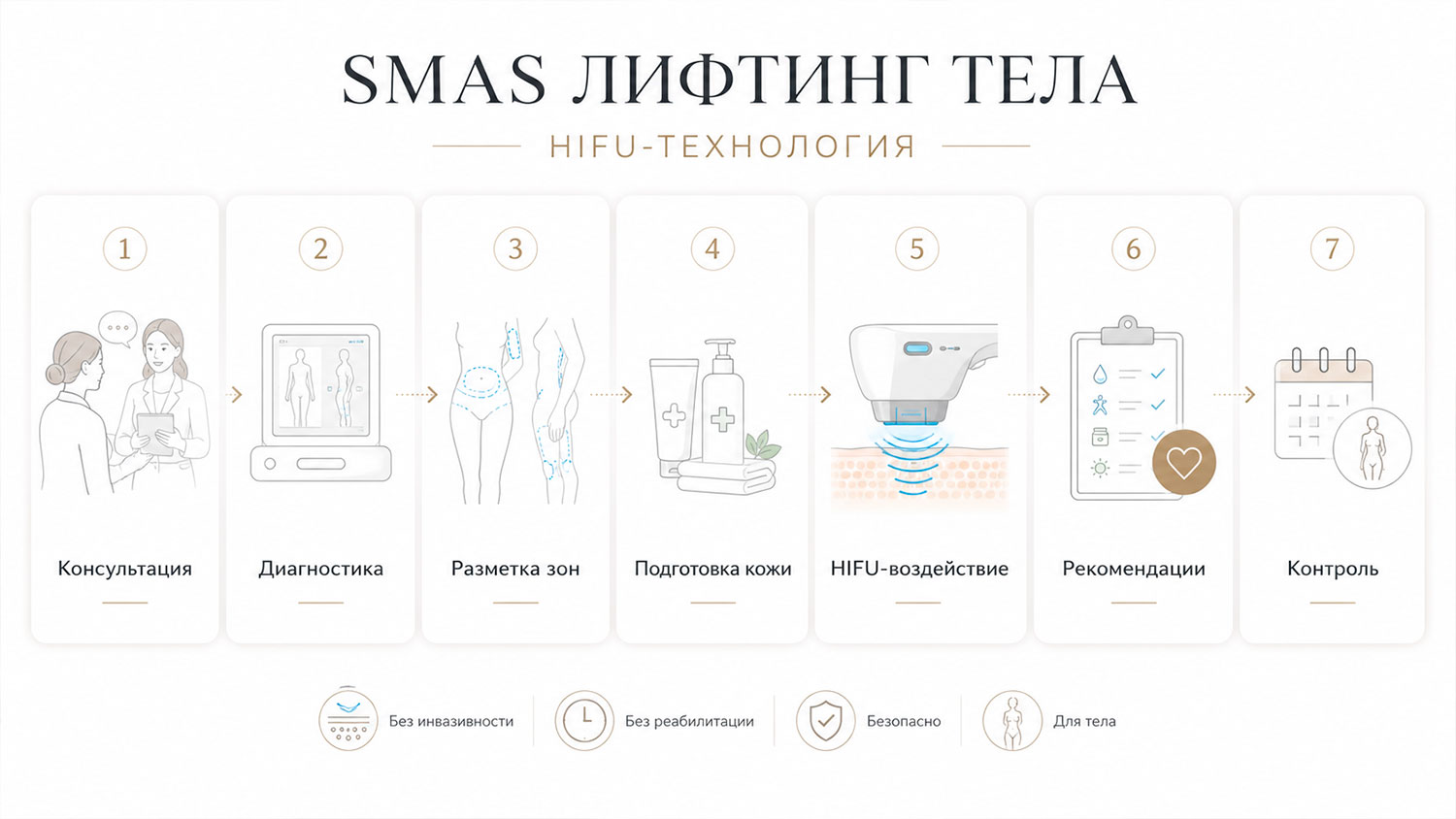 Пошаговая схема процедуры SMAS-лифтинга тела