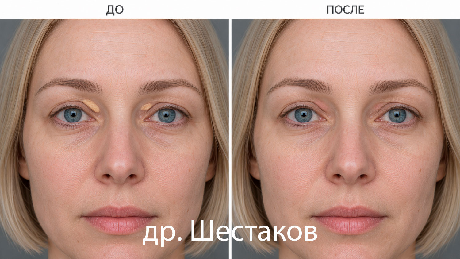 Визуализация молодой женщины со светлым каре: желтоватые бляшки на веках и условный вид после удаления