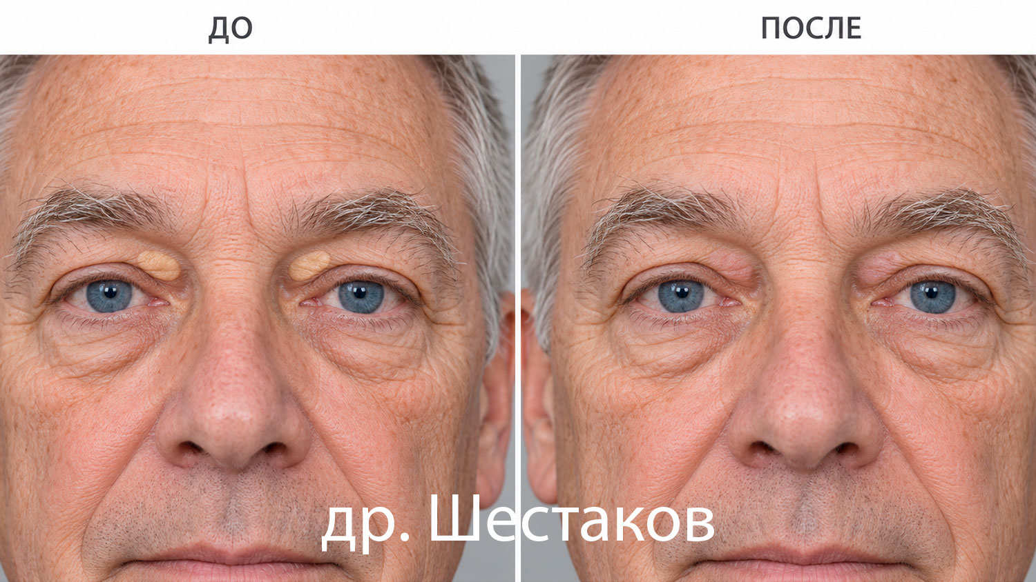 Визуализация мужчины с короткой щетиной до удаления желтоватых бляшек на веках и условного состояния после
