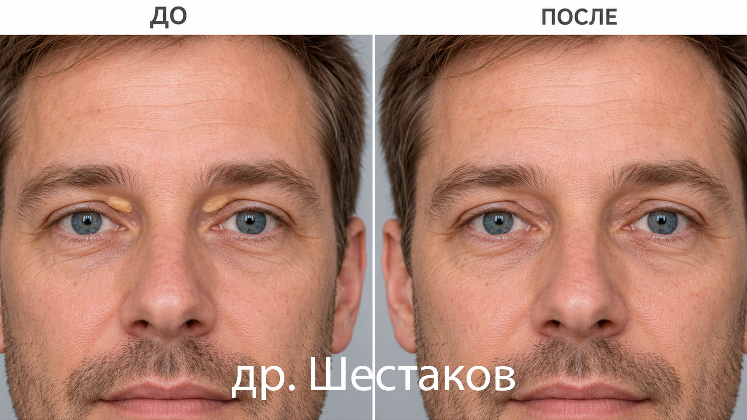 Визуализация молодого мужчины со светлыми волосами: ксантелазмы на веках и условный вид кожи после удаления