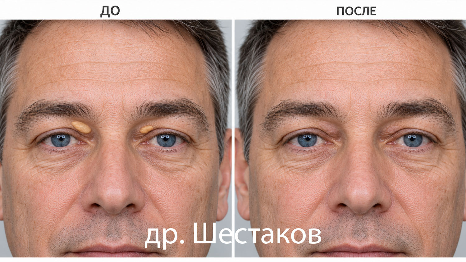 Визуализация мужчины с сединой на висках: бляшки на верхних веках и условный вид после их удаления