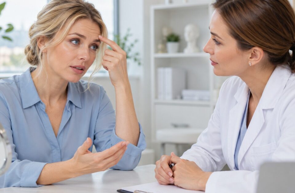 Женщина обсуждает изменения мимики с врачом на консультации