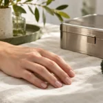 Рука с естественной кожей рядом с закрытым набором для осмотра